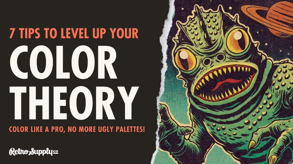 Illustration promoting color theory tips with a colorful creature and text.