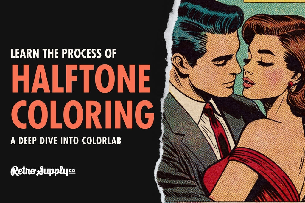 A couple embracing with text about halftone coloring techniques.