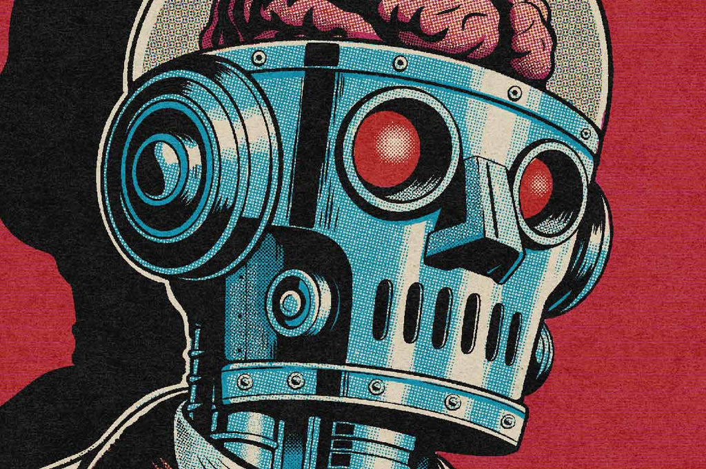 Illustration of a robot with a brain, red background, and retro design.