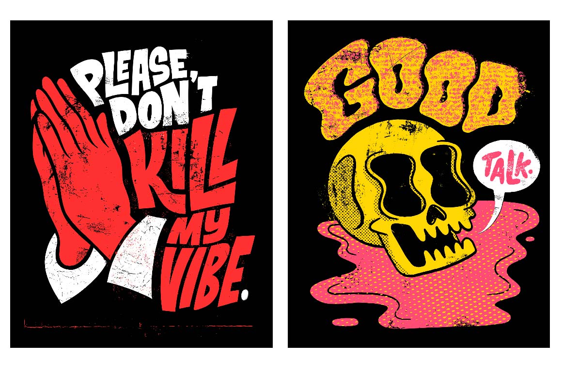 The Chris Piascik Vector Texture Shape Library for Adobe Fresco. Example artwork featuring praying hands and the words Please don't kill my vibe and a skull with the words good talk.