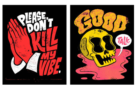 The Chris Piascik Vector Texture Shape Library for Adobe Fresco. Example artwork featuring praying hands and the words Please don't kill my vibe and a skull with the words good talk.