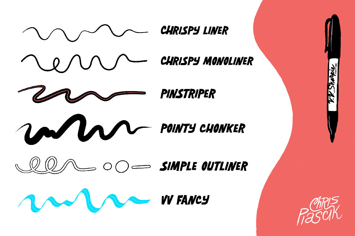 The Chris Piascik Chrispy Vector brush presets for Adobe Fresco. Example of all six vector brushes.