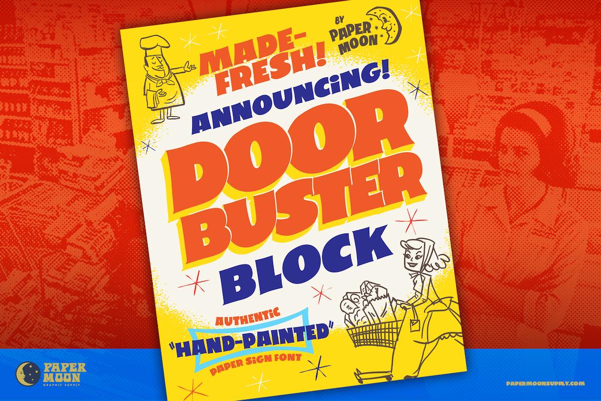 Poster mockup using Doorbuster Block Font, showing hand-painted letters and illustrations.