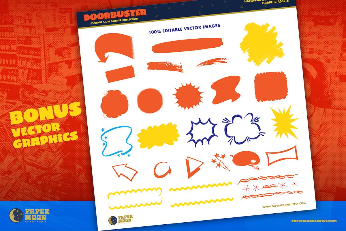 Sheet of bonus graphics including arrows, circles, clouds, and other midcentury shapes as 100% editable vector images that pair well with Doorbuster Block retro font.