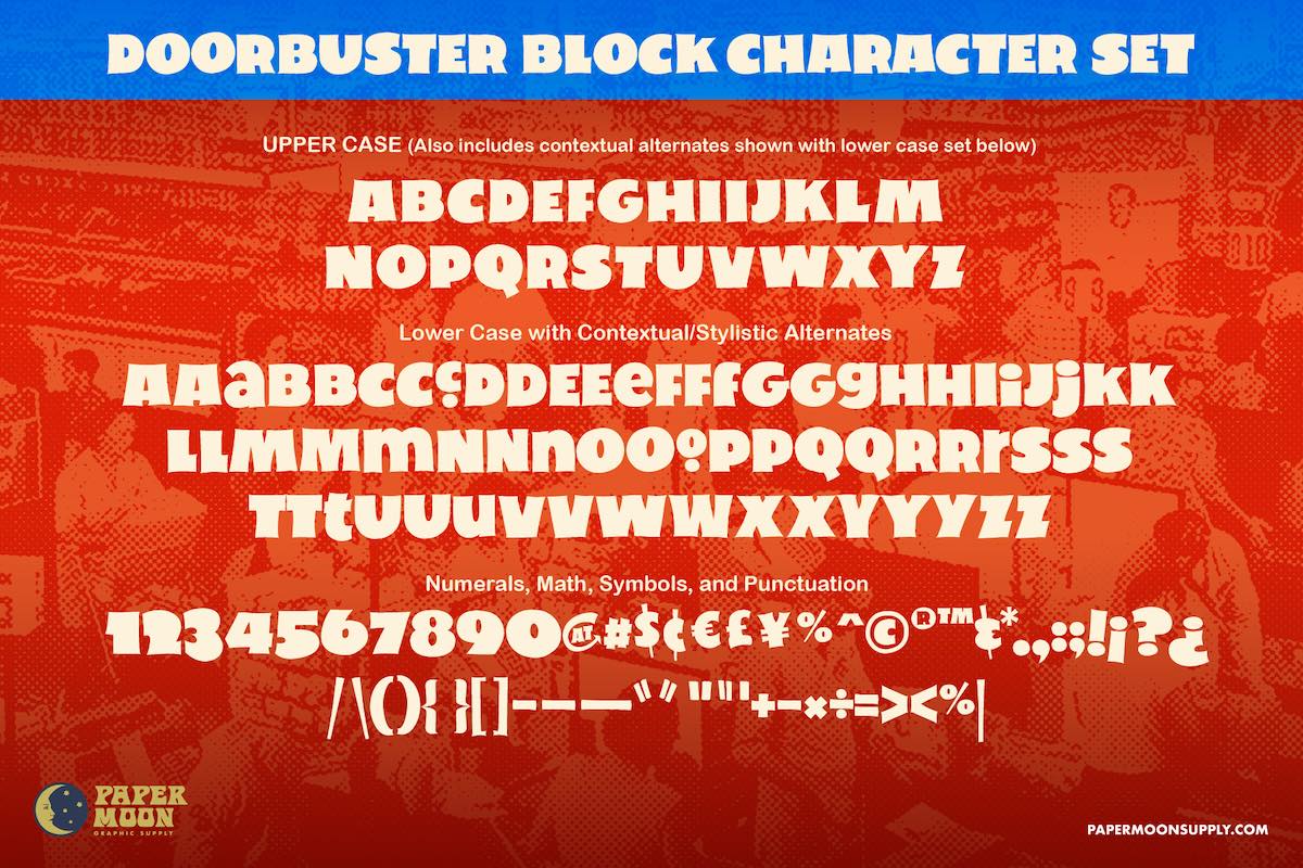 Doorbuster Block retro character set with upper case, lower case, numerals, symbols, and punctuation.