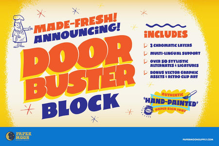 Cover of Doorbuster Block Font, shopwing chromatic layers, hand-painted effect, and 1950s style.