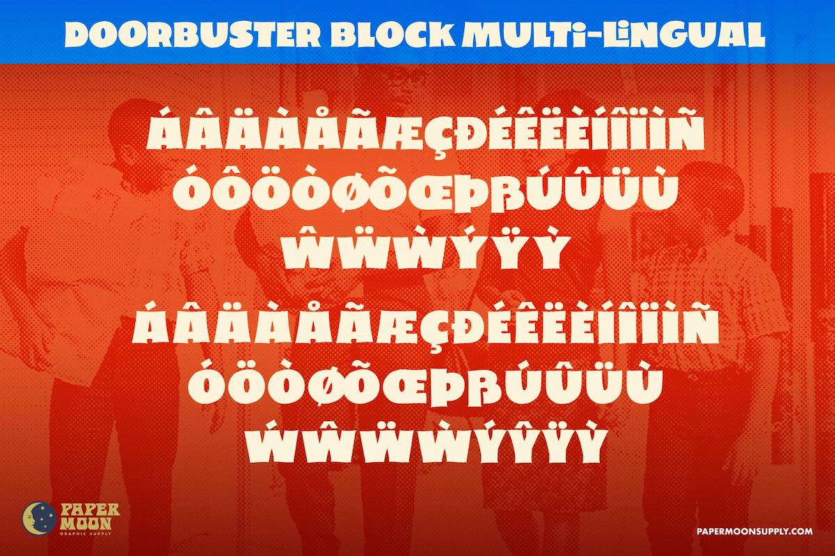 Doorbuster Block retro font showcasing multi-lingual characters.