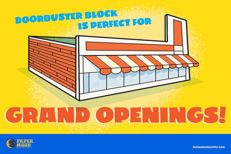 Grand opening graphic with retro store featuring Doorbuster Block font on the top and bottom with words “Perfect for Grand Openings!”