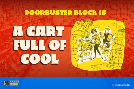 Example lettering with Doorbuster Block and retro illustration of shoppers.