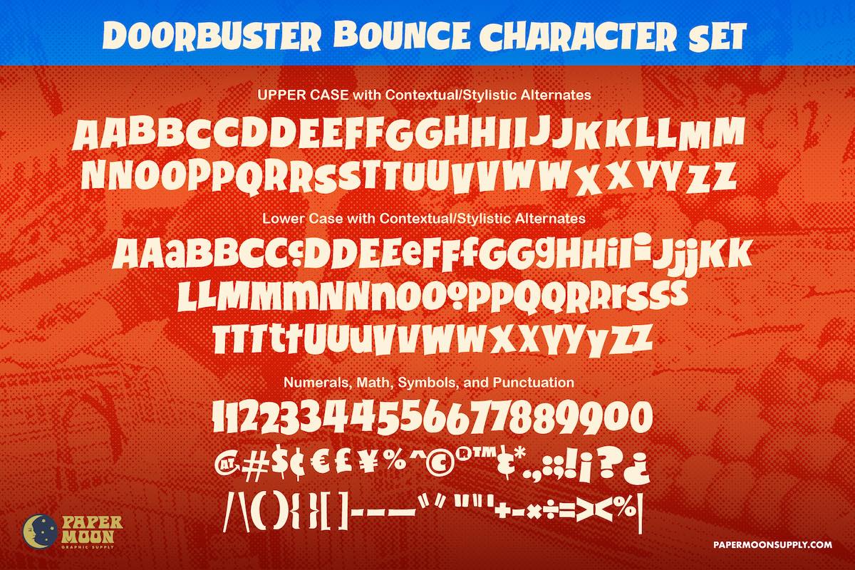 Doorbuster Bounce a hand-painted retro sign font featuring upper and lower case with contextual stylistic alternates, numbers, punctuation, and special characters.