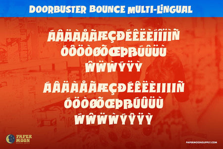 Doorbuster Bounce mid-century hand-painted sign fonts features Latin and Western European characters and punctuation.