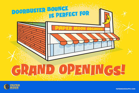 Doorbuster Bounce and hand painted layered mid-century font promotional image of a storefront with text reading Doorbuster Bounce is Perfect for Grand Openings!