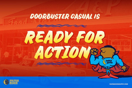 Doorbuster Causal font promo - Retro font showing a super hero with the words Ready for Action.