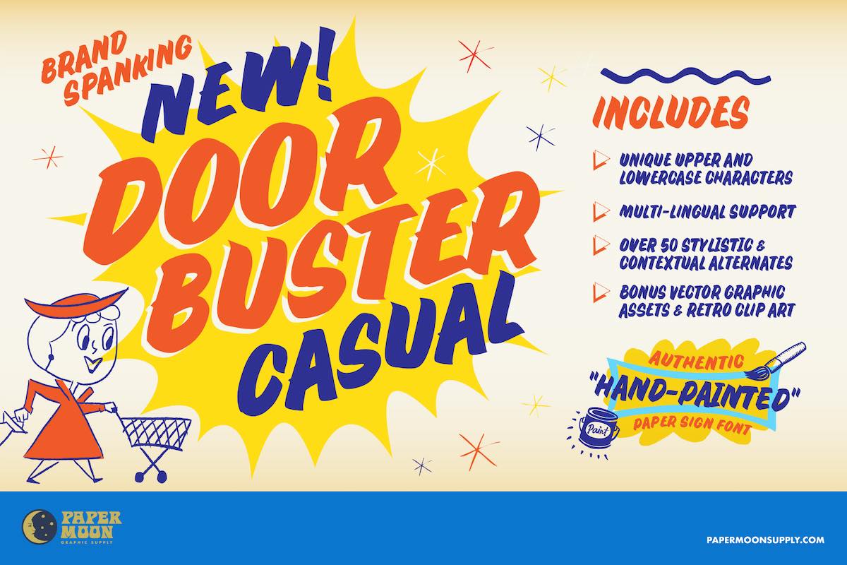 Doorbuster Casual font – authentic hand-painted retro font with 3 chromatic layers, multilingual support, and vector clip art.