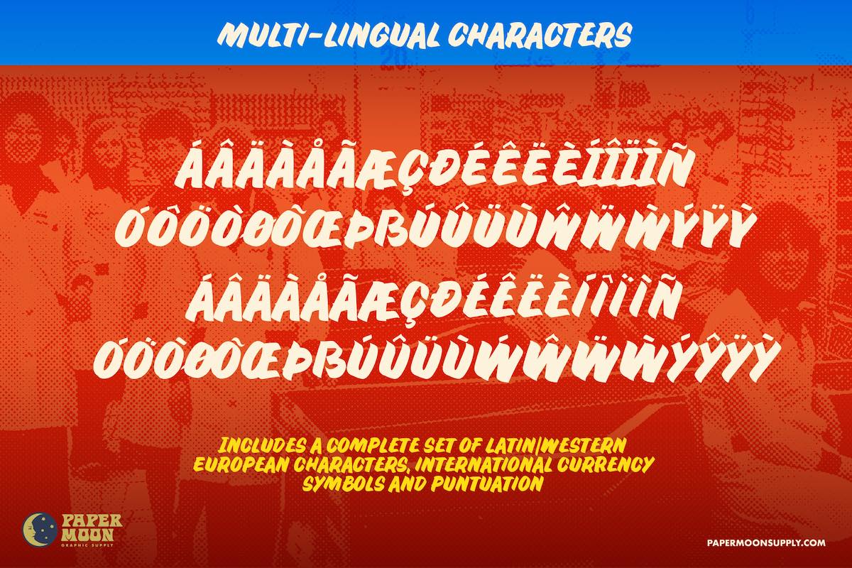 Doorbuster Casual font with multilingual support, including Latin and Western European characters in a retro hand-painted style.