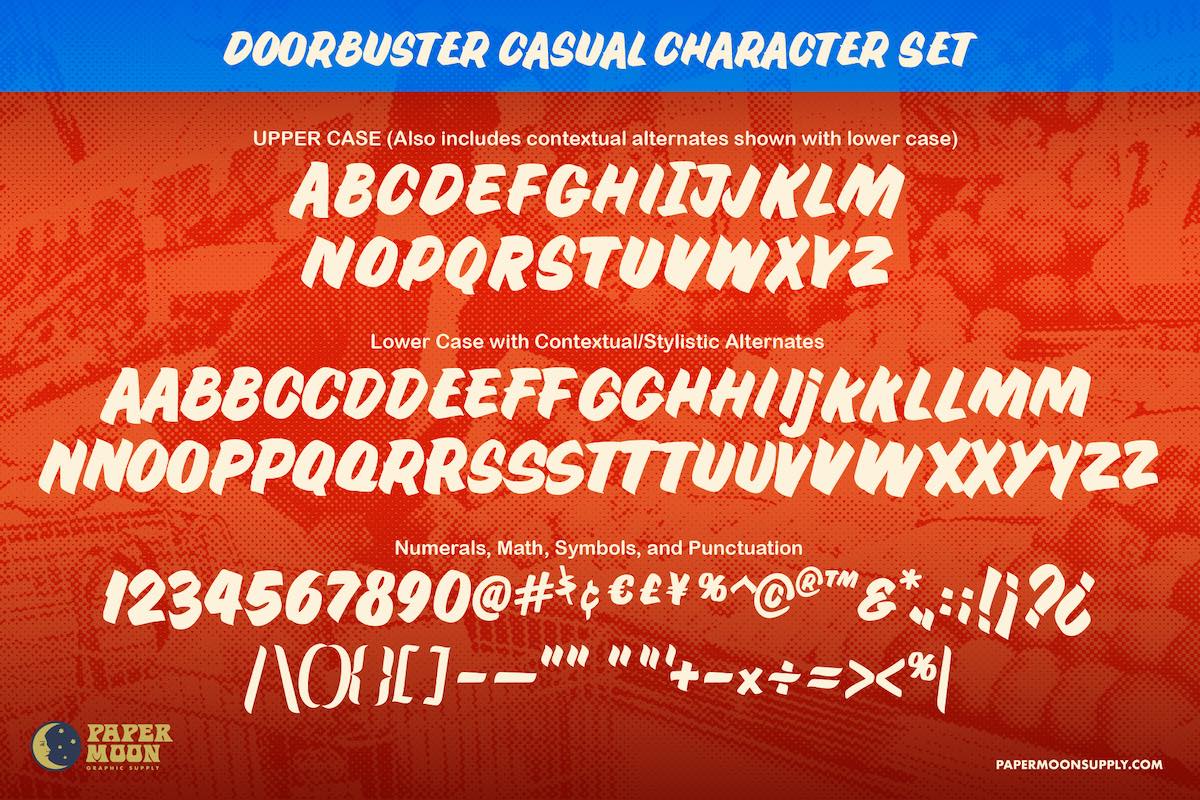 Doorbuster Casual font character set – uppercase, lowercase letters, numbers, symbols, and contextual alternates in a retro hand-painted style.
