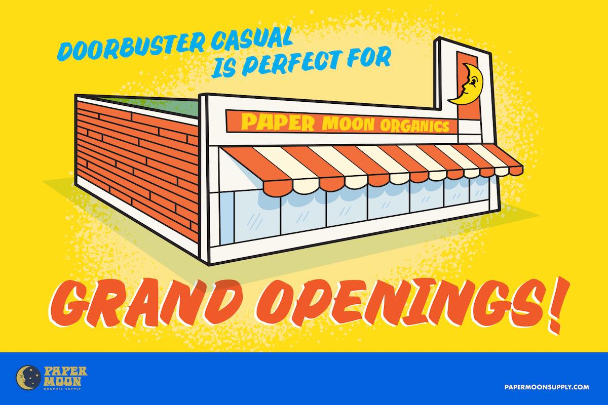 Doorbuster Causal font promo - Retro font showing a storefront  with the words Doorbuster Casual is Perfect for Grand Openings!