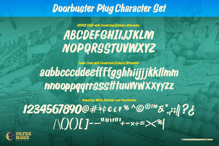 Doorbuster Plug font character set – uppercase and lowercase letters with contextual alternates, numbers, and symbols in a hand-painted retro style.