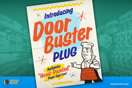 Doorbuster Plug font – authentic hand-painted retro paper sign font with alternates, multilingual support, and vector clip art.