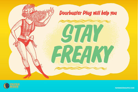 Doorbuster Plug font promo - Hand painted retro font showing a bearded lady and the words Stay Freaky.