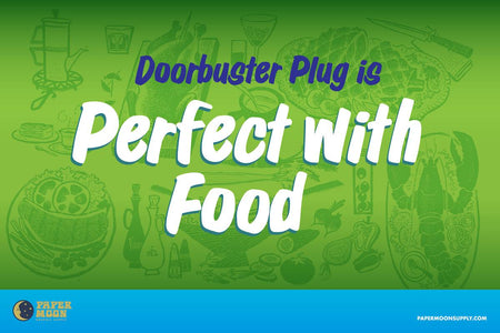 Doorbuster Plug font promo - Retro sign painting font showing food illustrations with the words Doorbuster Plug is Perfect with Food.