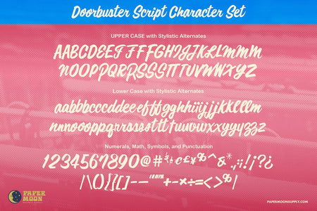 Doorbuster Script an alpha-numeric script font in the style of mid-century sign painting. Features upper and lower case with contextual alternates, numbers, punctuation, and special characters.