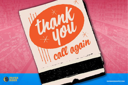 Doorbuster Script vintage mid-century script font. An image showing a matchbook that says Thank You Call Again.