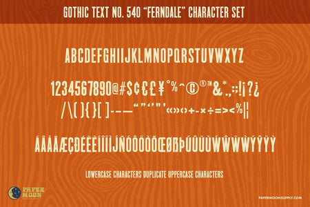 Ferndale Gothic wood block letterpress font features upper and lower case characters, numbers, punctuation, spacial characters, and multi-lingual support.