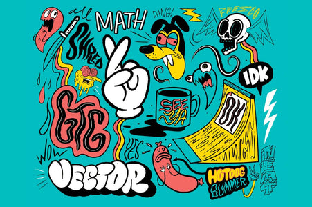 Chris Piascik Gritty Vector Adobe Fresco brush presets. Example artwork of text and cartoons in a skateboard street brand style.