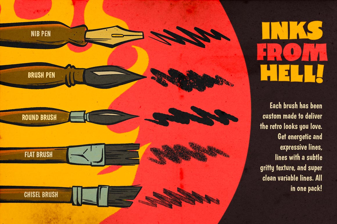 Inferno Ink inking brushes from RetroSupply Co. are custom made to deliver brushes resembling real world inking tools like nibs, round brushes, flat brushes, and more.