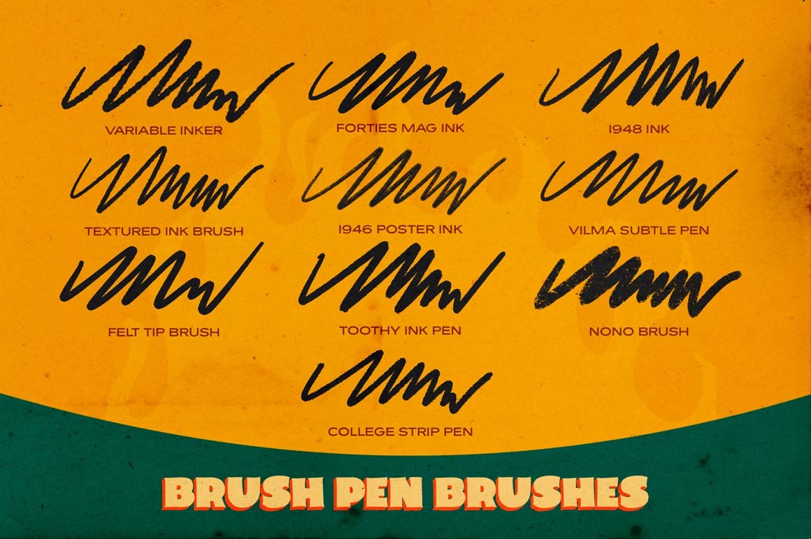 Preview of some of the Brush Pens available in RetroSupply Co.'s Inferno Ink showing clean, textured, and toothy brushes.