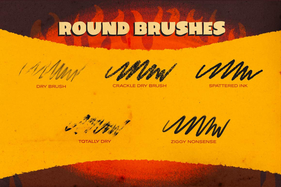 A showcase of some of RetroSupply Co.'s Inferno Ink Round Brushes including clean, toothy, and textured brushes.