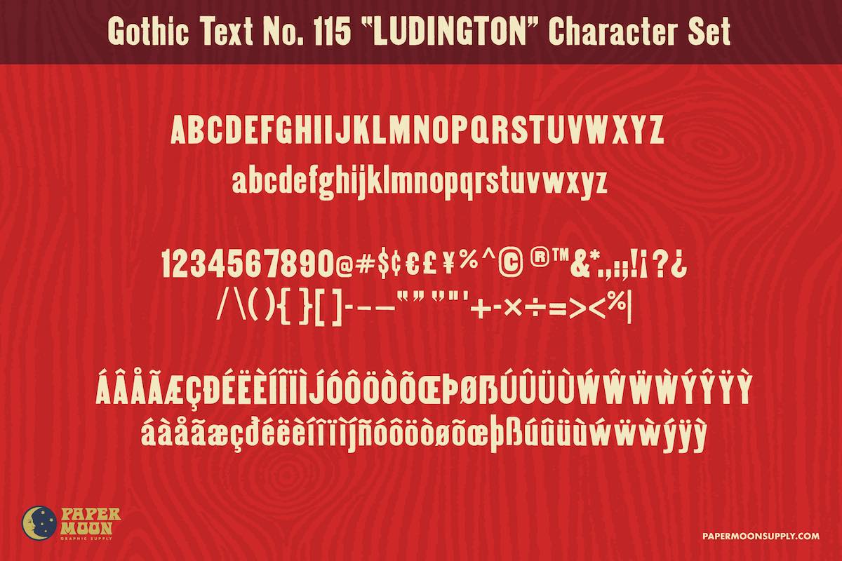 Ludington Gothic letterpress font family includes two text weight fonts in upper and lower case, numbers, punctuation, special characters, and Western European characters.