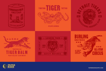 Ludington handmade wood block letterpress font promotional image of various tiger themed packaging.