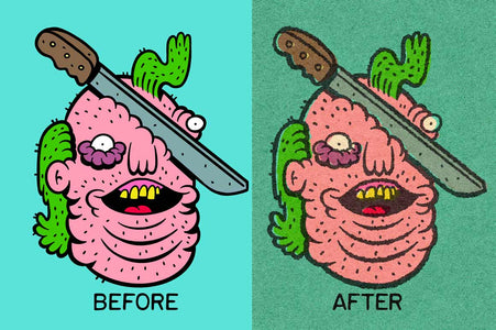 MonoMagic before and after. Image showing a smiling happy man with a machete squished into his head. Before and after adding effects.