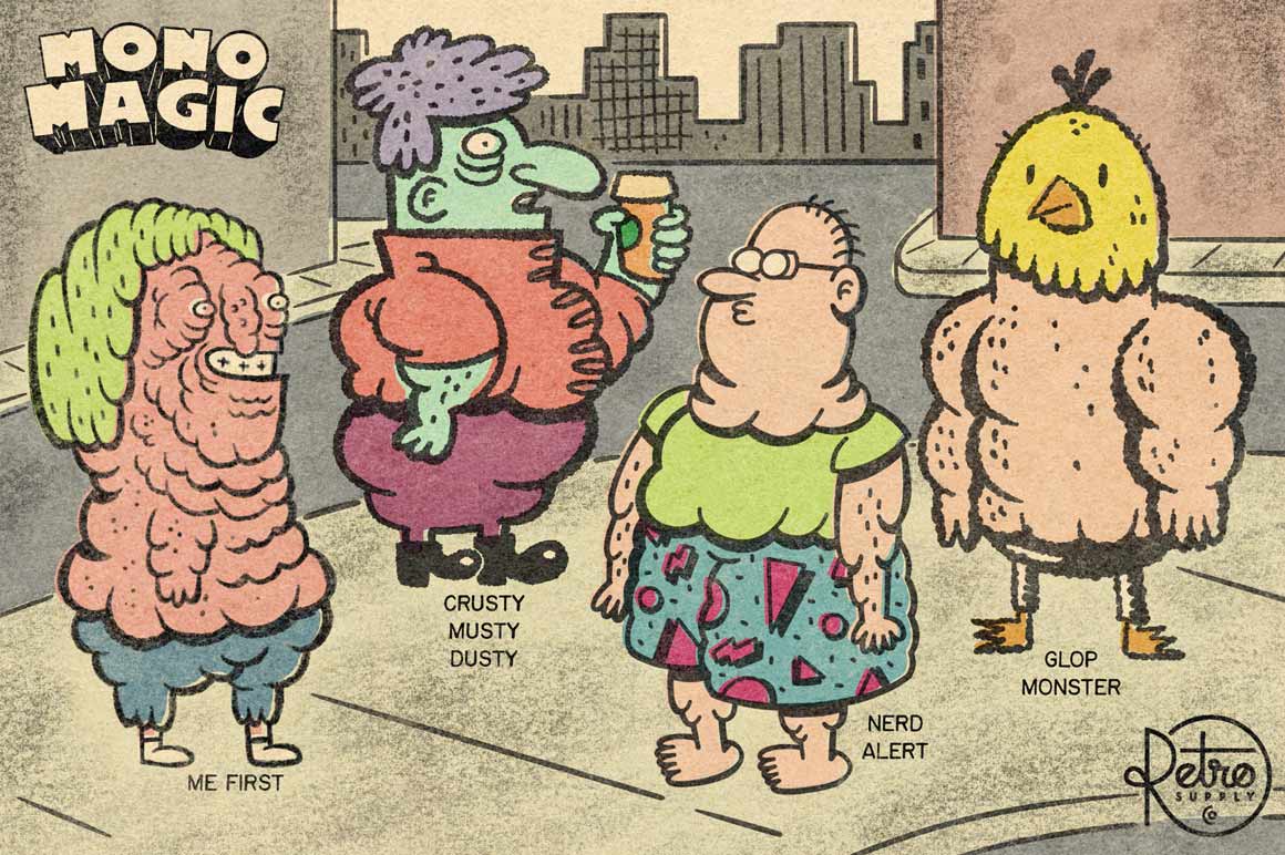 MonoMagic Product preview. Showing the brushes Me First, Crusty Musty Dusty, Nerd Alert, and Glop Monster used to create people standing on the sidewalk in a city.