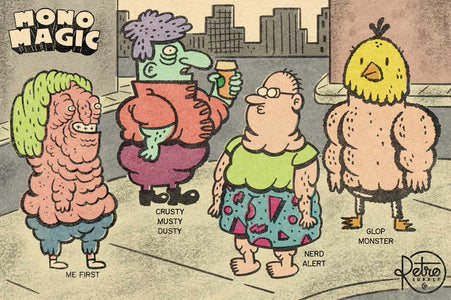 MonoMagic Product preview. Showing the brushes Me First, Crusty Musty Dusty, Nerd Alert, and Glop Monster used to create people standing on the sidewalk in a city.