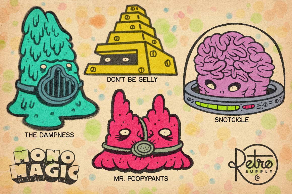 MonoMagic product preview. Showing the heads of different alien creatures made using the brushes The Dampness, Don't Be Gelly, Snotcicle, and Mr. Poopypants.