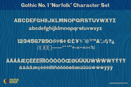 Norfolk Gothic wood letterpress font features upper and lower case, numbers, punctuation, special characters, and multilingual support.