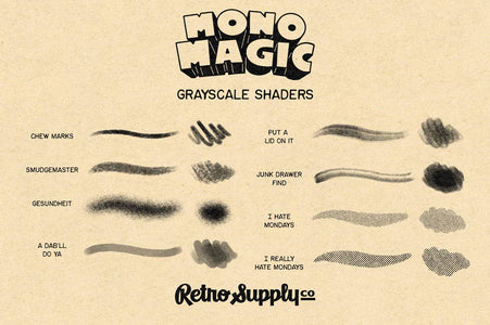 MonoMagic brush preview. 8 Grayscale brushes to shade your work and add texture.