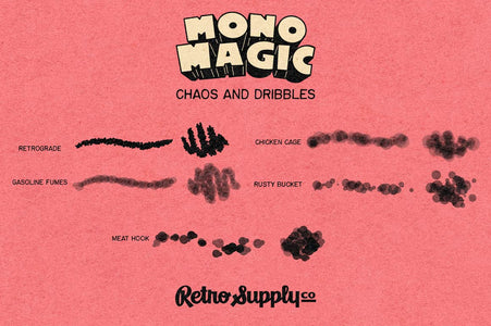 MonoMagic brush preview. 15 Chaos and Dribbles brushes for adding texture, visual interest, backgrounds, and more.