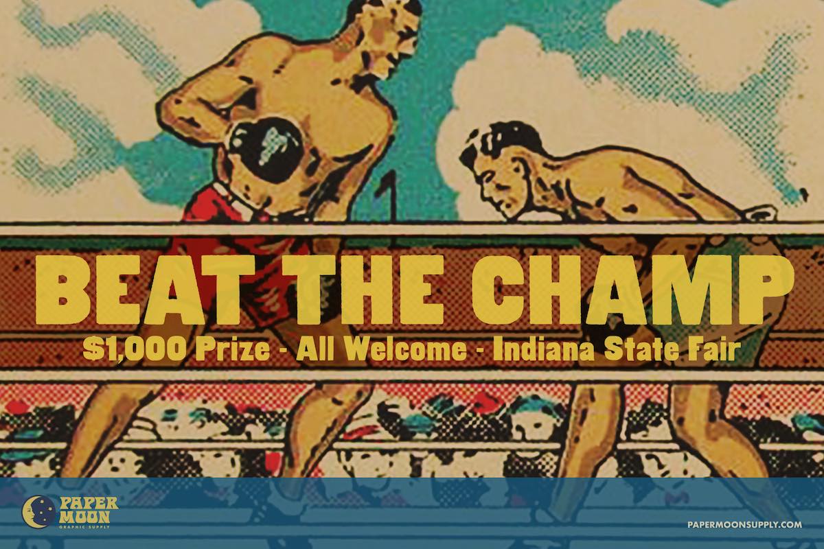 Redding Gothic wood letterpress font promotional image featuring cartoon boxers and the text Beat the Champ $1000 prize All Welcome Indiana State Fair.