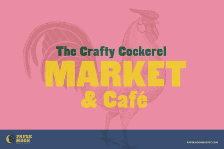 Redding Gothic wooden letterpress font promotional image of a rooster with text reading The Crafty Cockerel Market and Cafe.