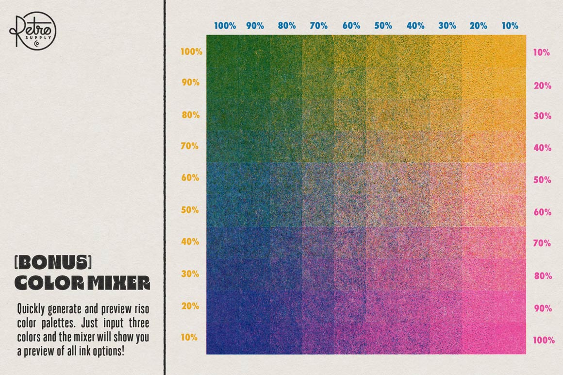 Risograph for Adobe Illustrator includes customizable bonus color mixer to try out color combinations.