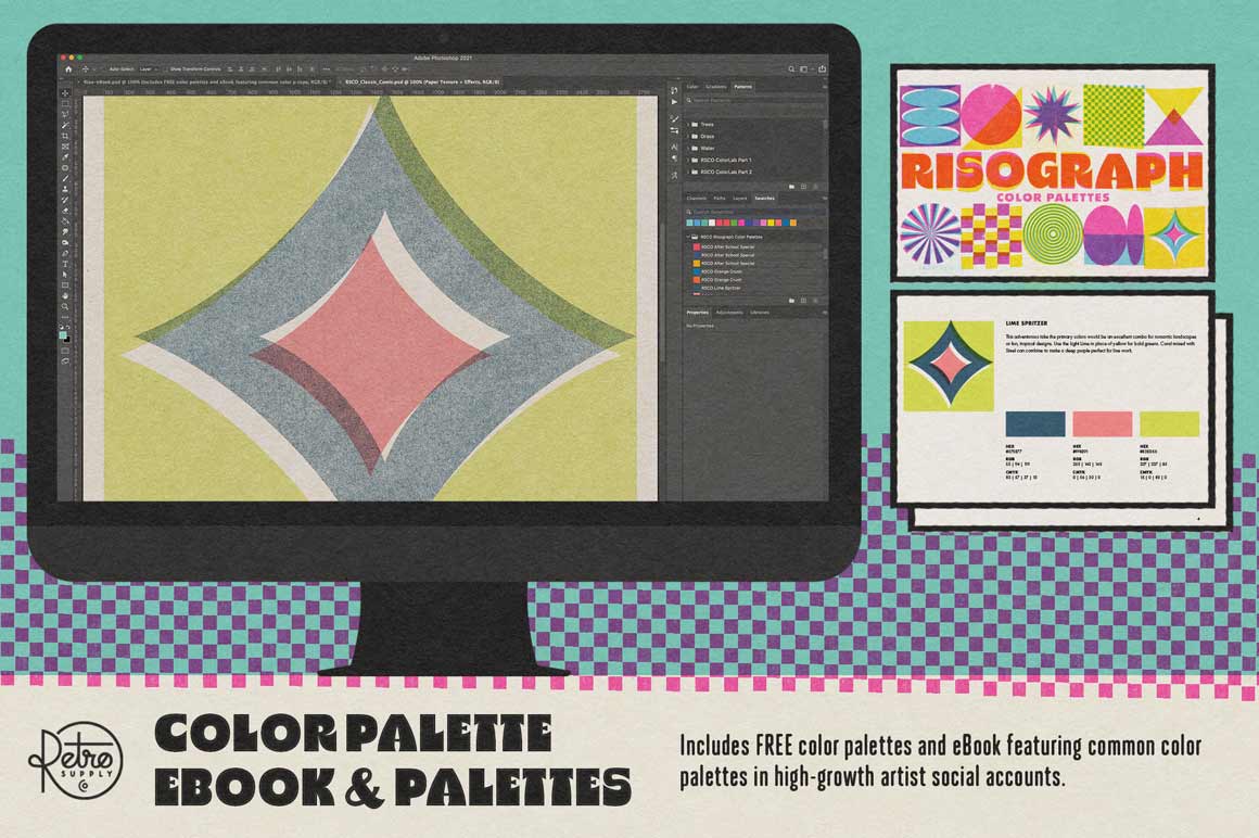 Risograph for Adobe Illustrator includes color palette eBook and matching color swatches for high-growth successful artwork.