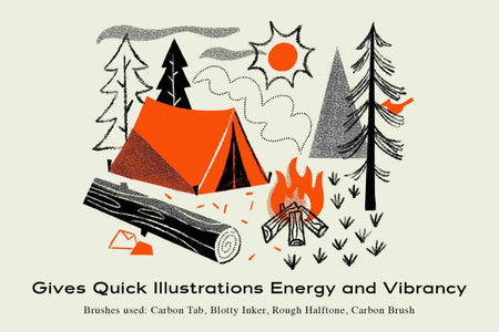 The Mid-Century Brush Pack for Photoshop. Camping scene made from Carbon Tab, Blotty Inker, Rough Halftone, and Carbon Brush.