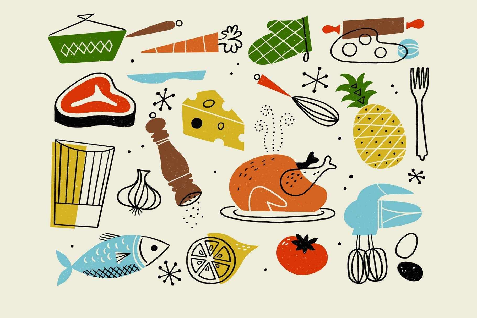 The Mid-Century Brush Pack for Photoshop food illustration in multi-color mid-century style.