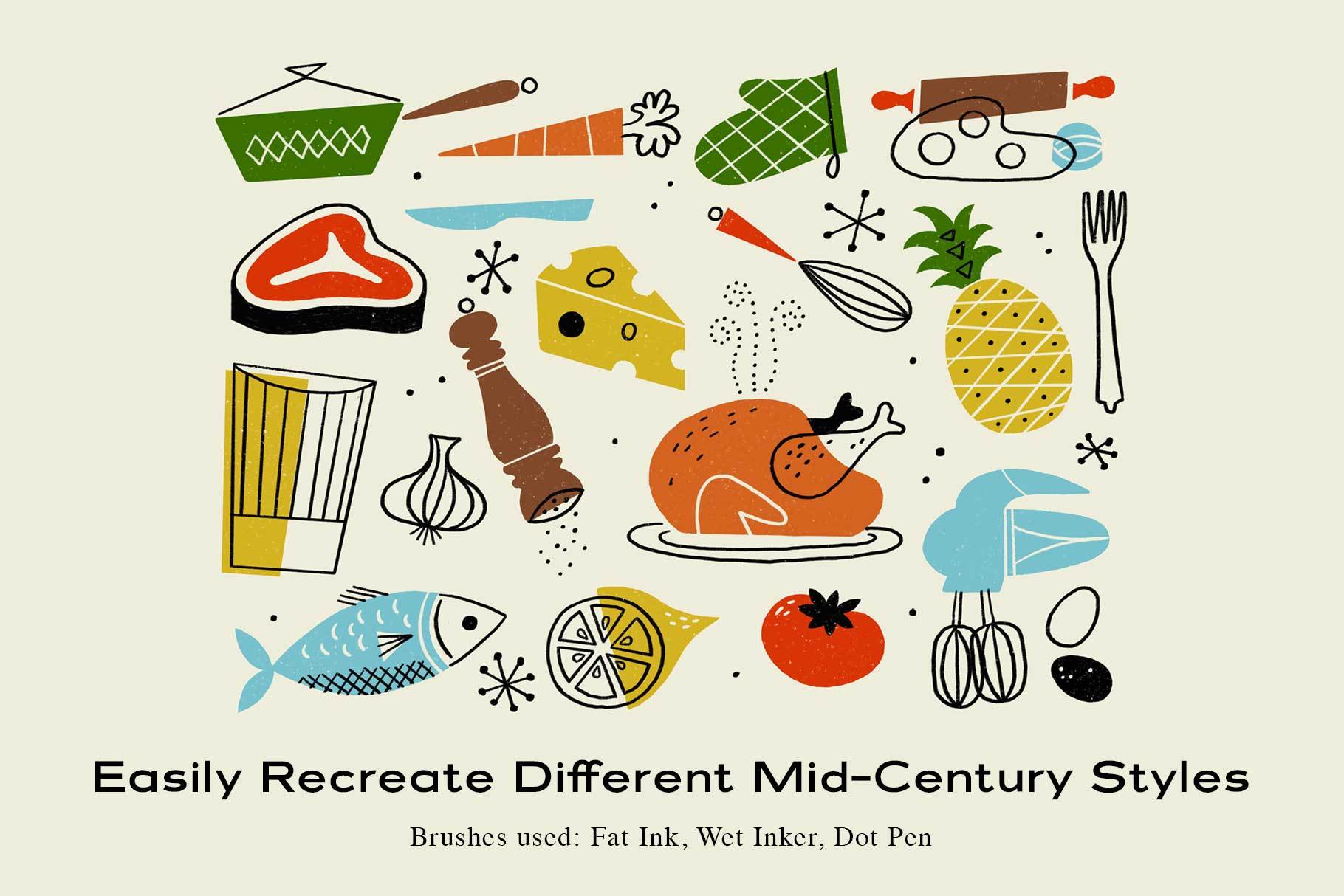 The Mid-Century Brush Pack for Photoshop Display of food made from Fat Ink, Wet Inker, and Dot Pen.