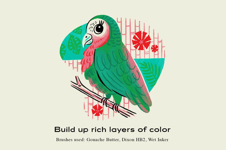 The Mid-Century Brush Pack for Photoshop. Red and green parrot made from Gouache Butter, Dixon HB2, and Wet Inker.