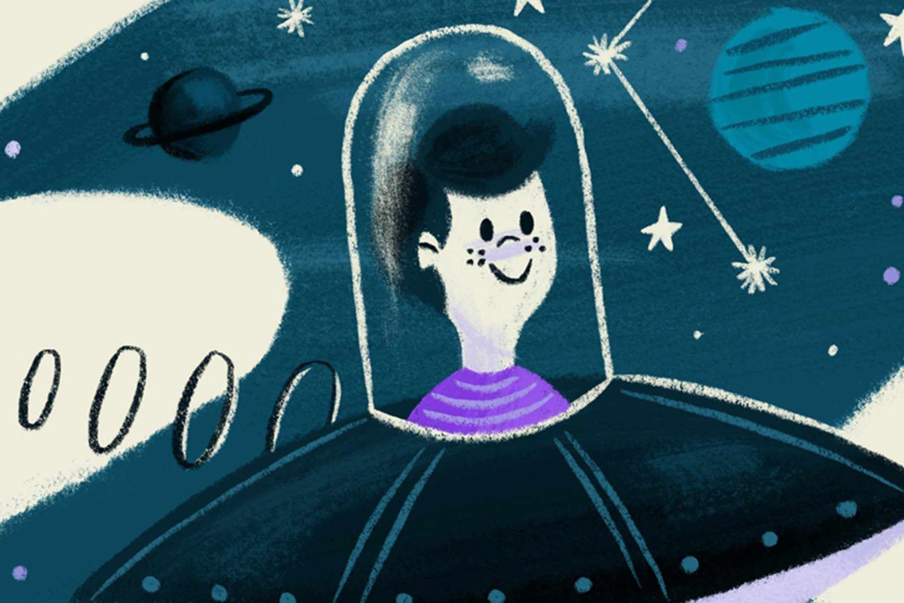 The Mid-Century Brush Pack for Photoshop. Child in a spaceship made from Gouache Butter, Dixon HB2, and Blotty Inker.